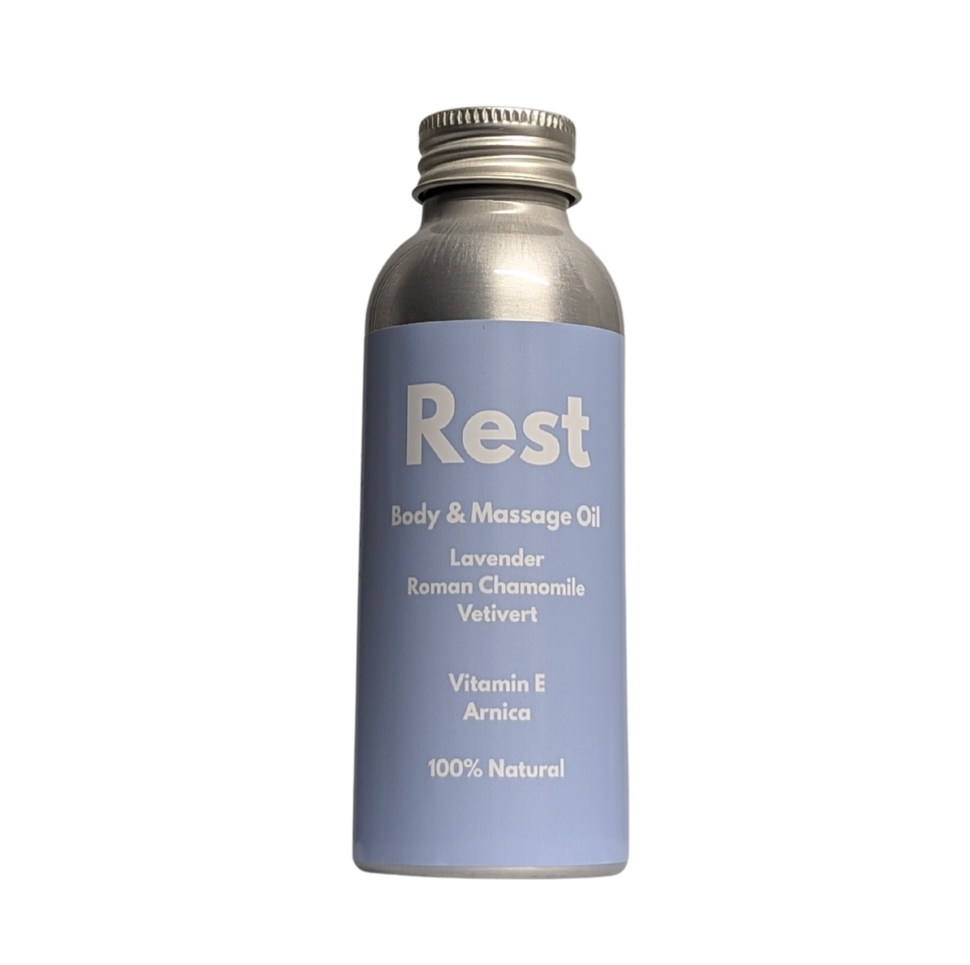 Pepperfit Rest Body & Massage Oil 100ml in an aluminium bottle with a soft blue label, featuring lavender, Roman chamomile and vetivert.