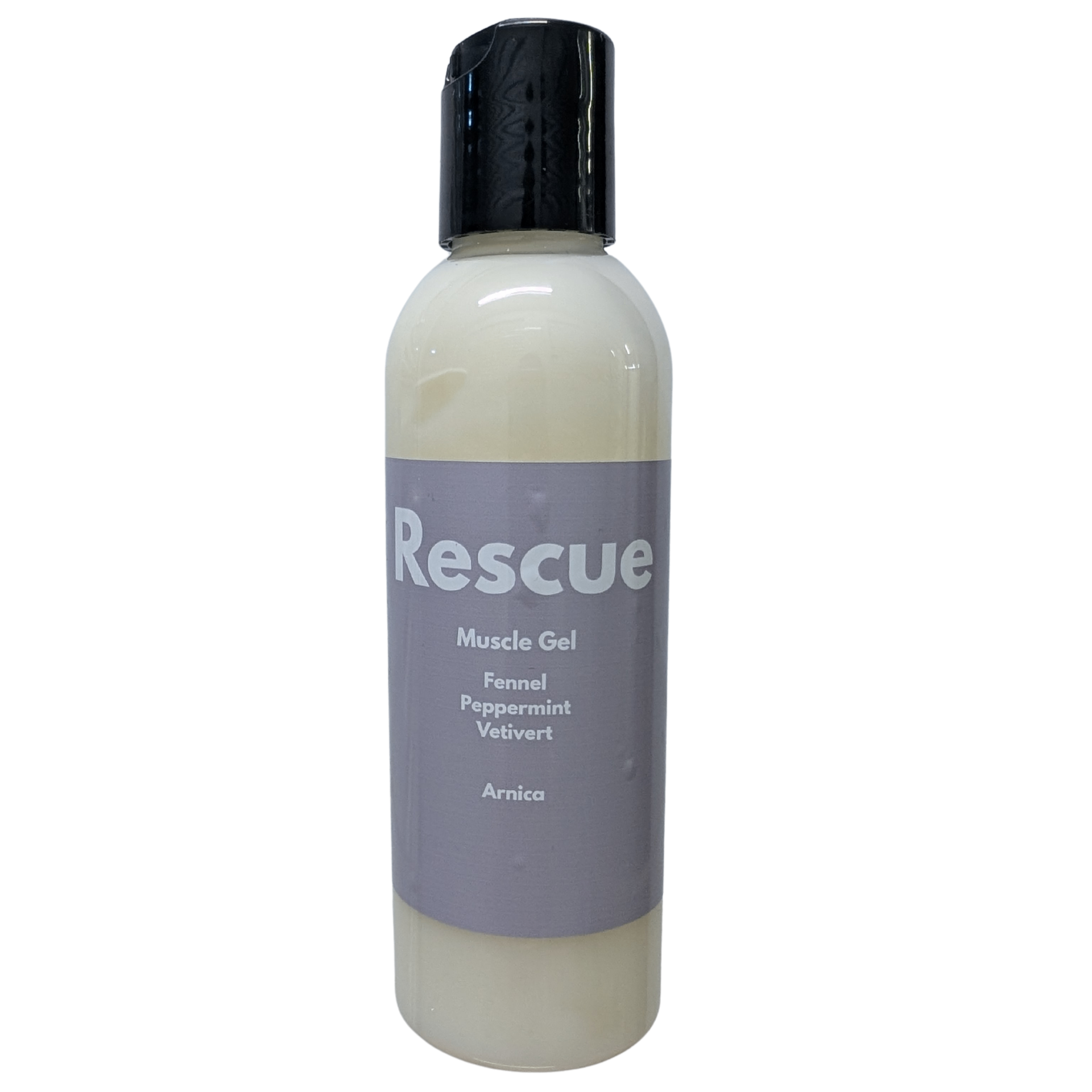 Pepperfit Rescue Muscle Gel in a bottle with a soft purple label and black flip cap.