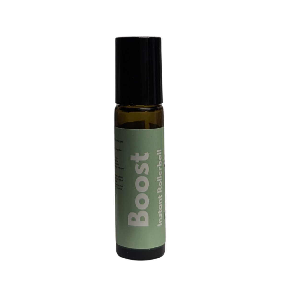 Pepperfit Boost Instant Rollerball in an amber glass bottle with a green label and black cap.