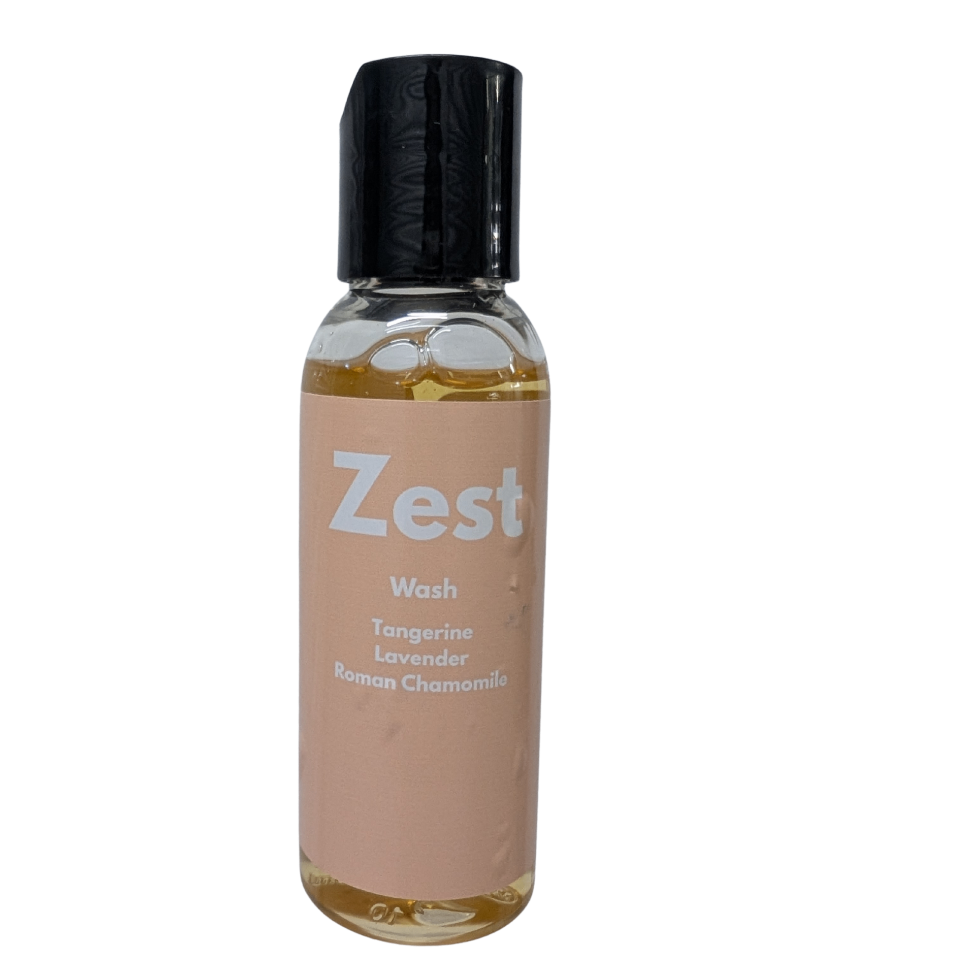 Pepperfit Zest Wash in a clear bottle with a peach label, listing tangerine, lavender and Roman chamomile.